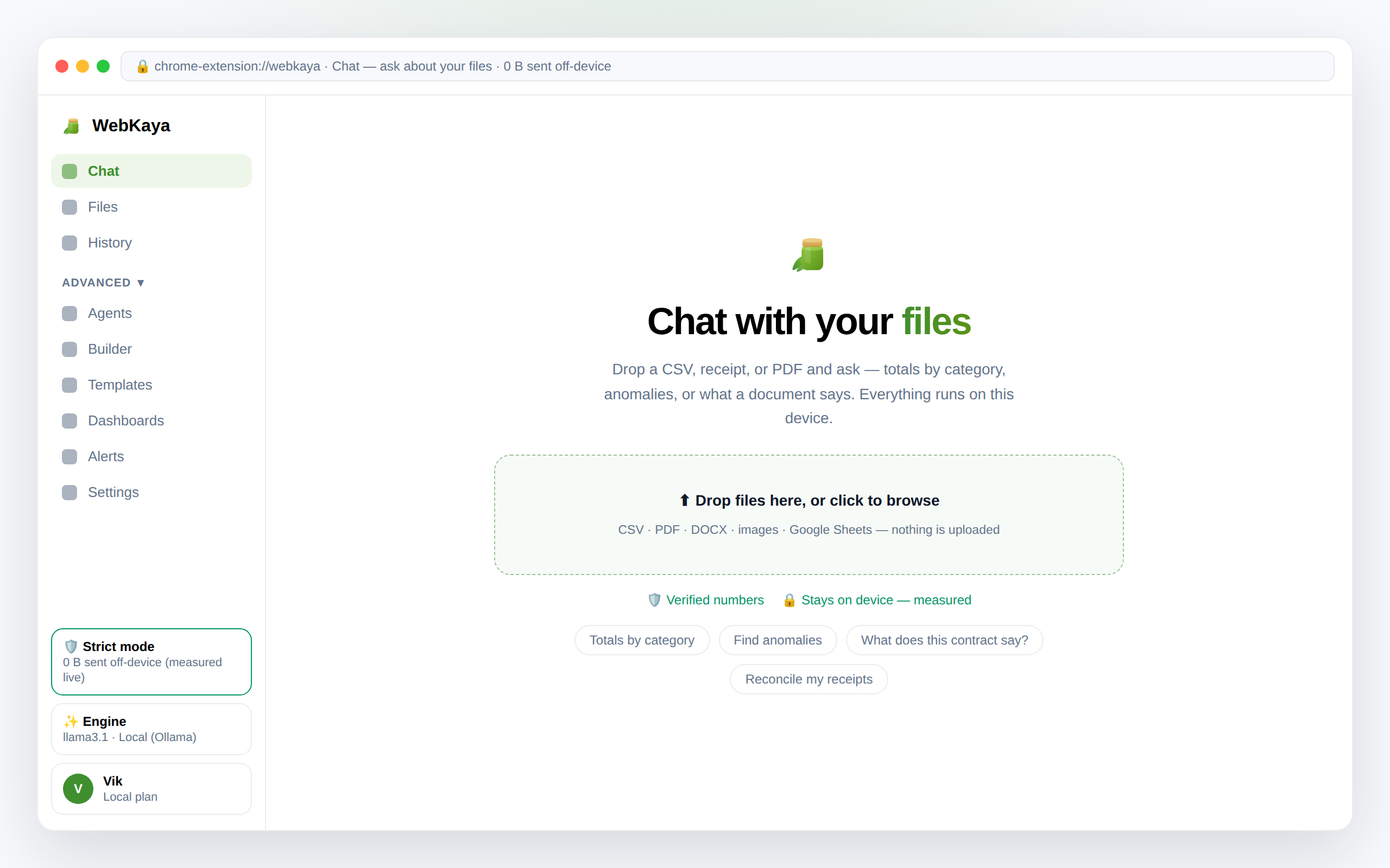 WebKaya chat — ask anything, or ask your files